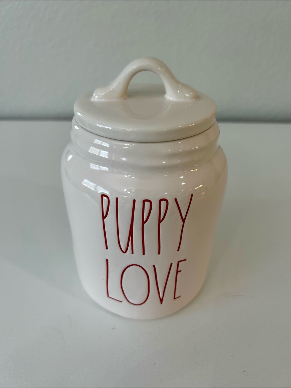 Rae Dunn Puppy Love Ceramic Treat Jar - White with Red Lettering